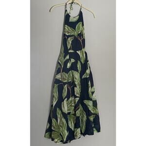 Ann Taylor Dress Navy Halter Palm Cruise Summer Midi Dress Size 10